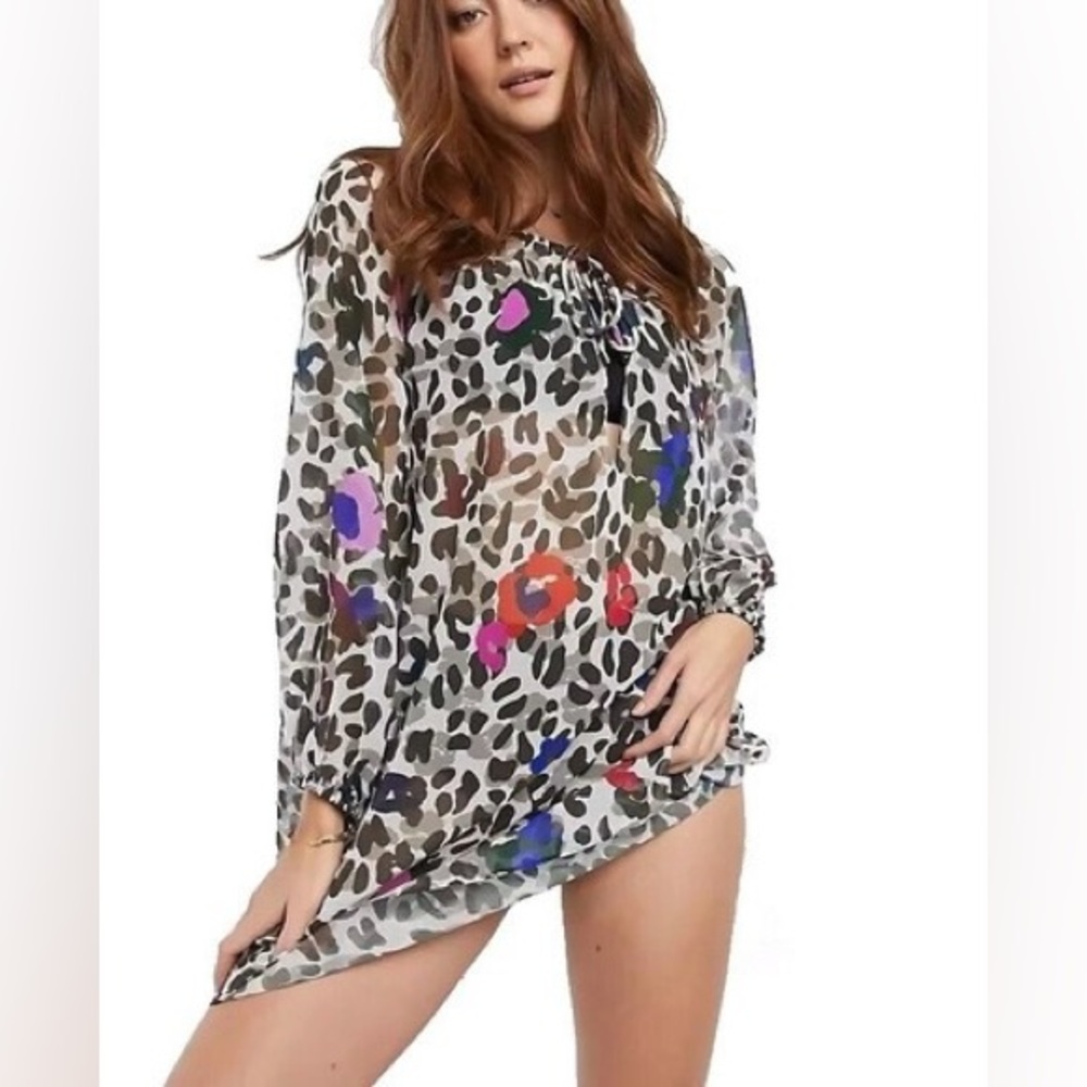 Ted Baker Animal Print Sheer Tunic Dress Cover Up Balloon Sleeve Boho Resort